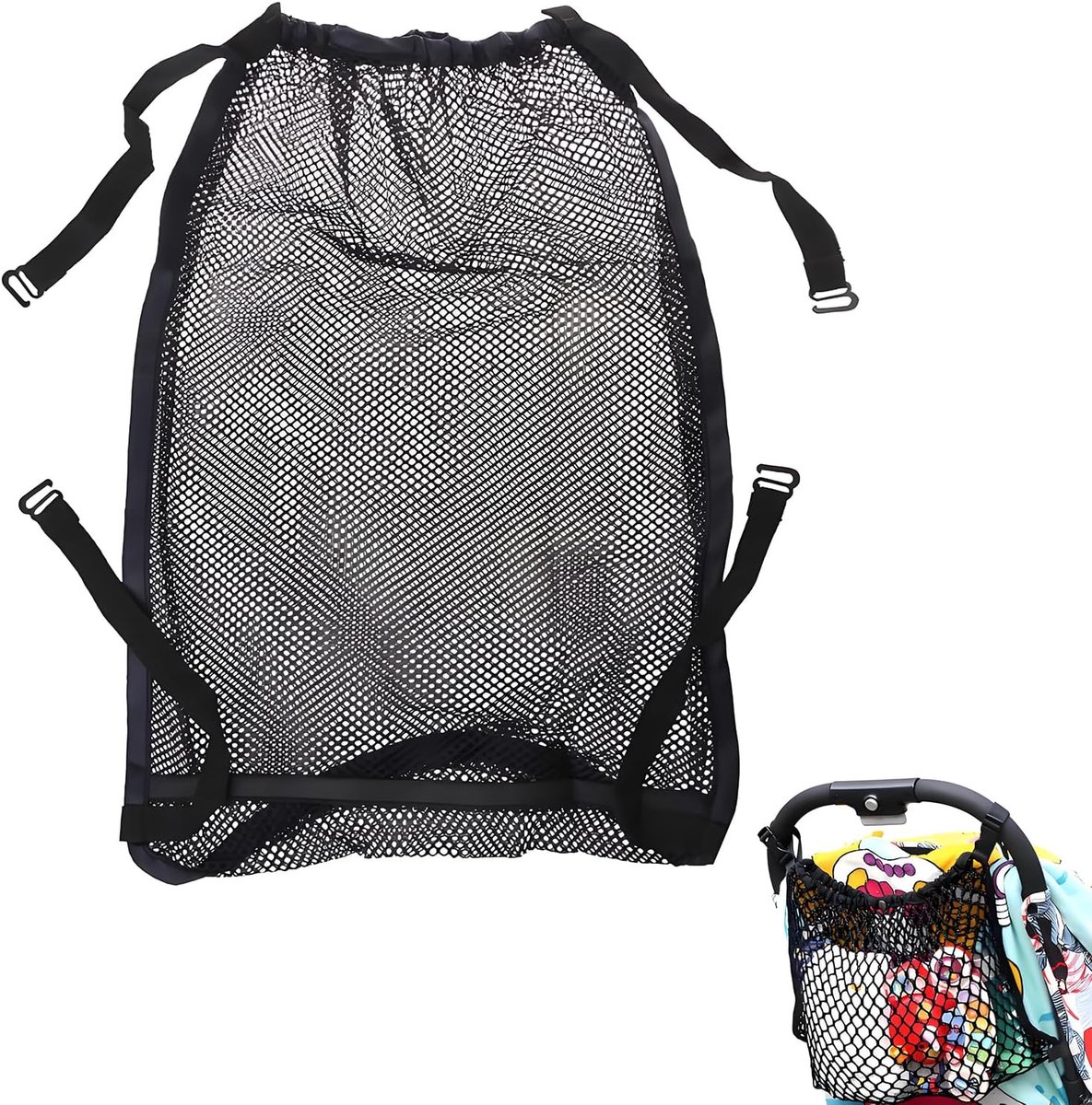 SnelShoppen - Universeel Boodschappennet voor Buggy en Sportwagen, 35 x 50 cm, Zwart, Elastische Nettas, Eenvoudige Montage, Wasbaar, Organizer voor D
