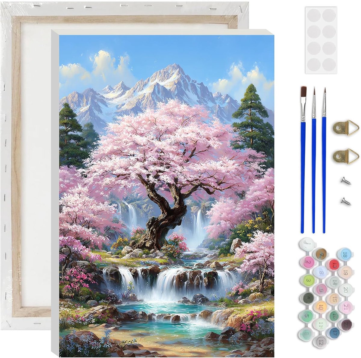 SnelShoppen - Schilderen op Nummeren voor Volwassenen - Kersenbloesem Schilderij met Bergen - DIY Schilderen op Canvas met Quasten - Creatieve Hobby v
