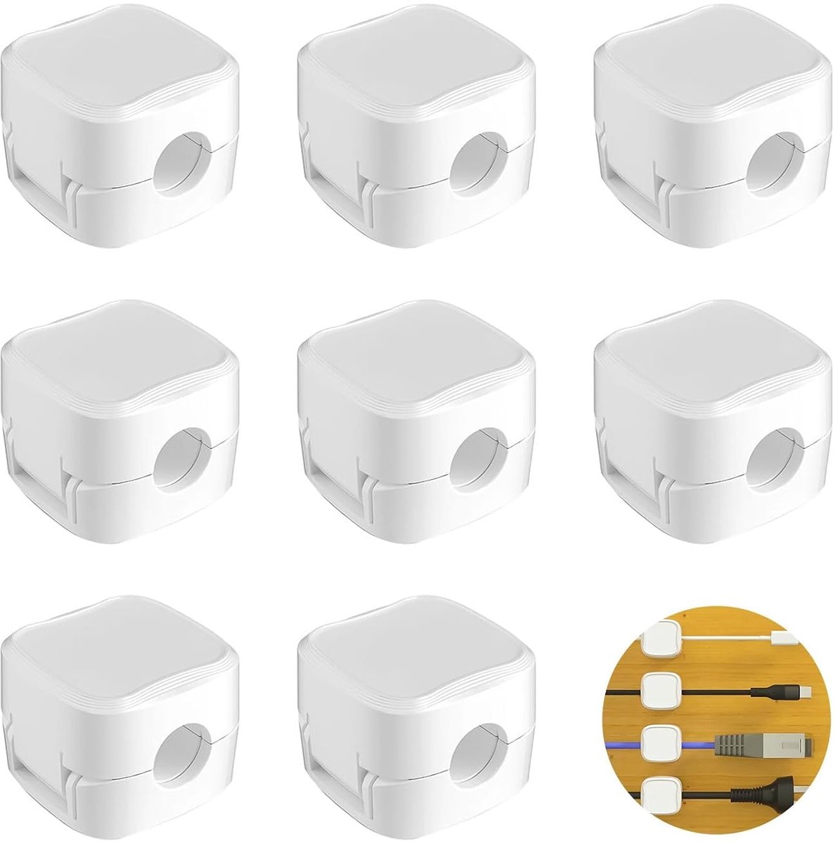SnelShoppen - Set van 8 Magnetische Kabelclips - Desk Kabel Organizer, Oplaadkabel, Hoofdtelefoon Kabel, Wit, Multifunctioneel, Tot 6.8 mm