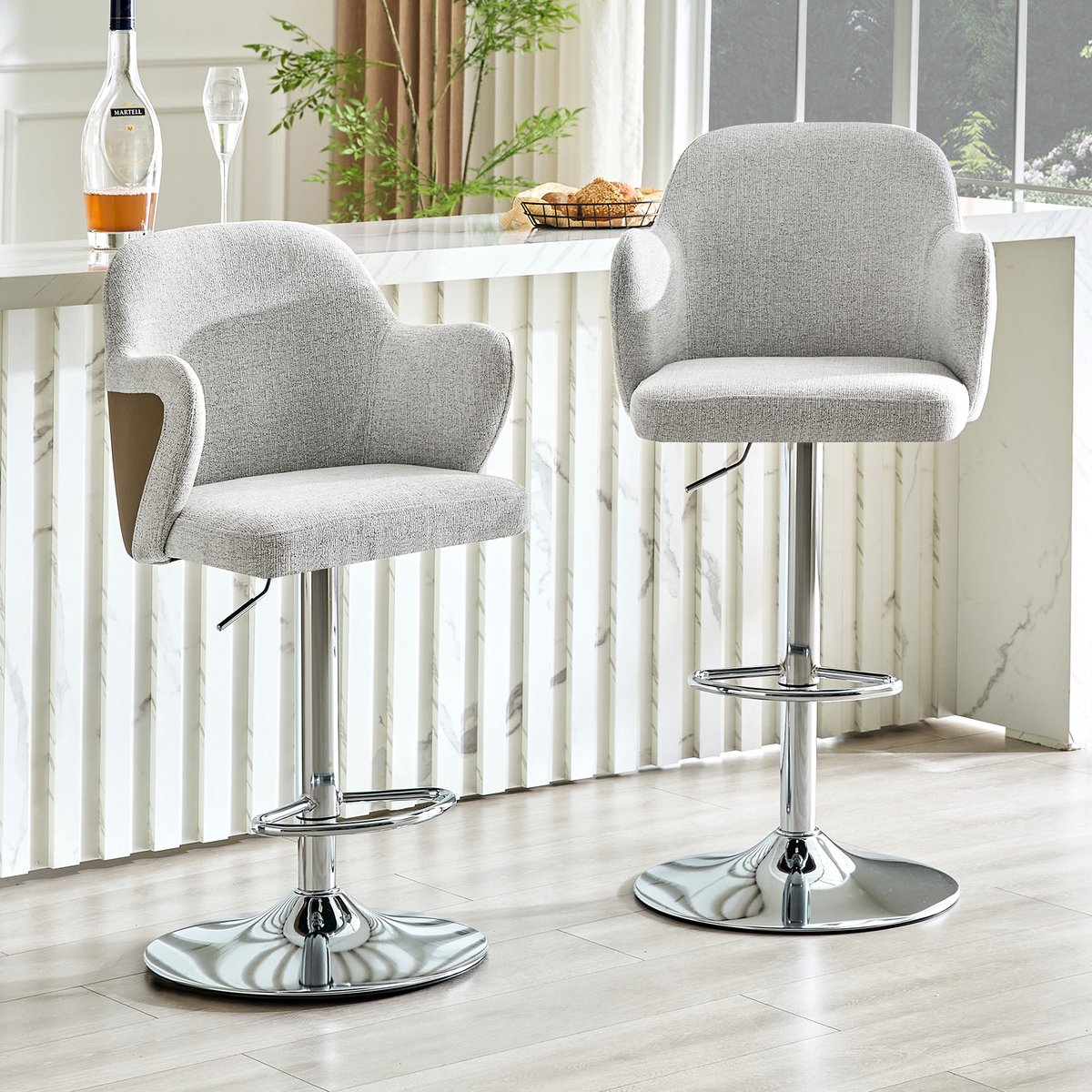 MODENUIT Barkruk 50x45x118 cm - Set Van 2 - Draaibaar En Hoogteverstelbaar - Voor Bar - Stof Grijs/Bruin