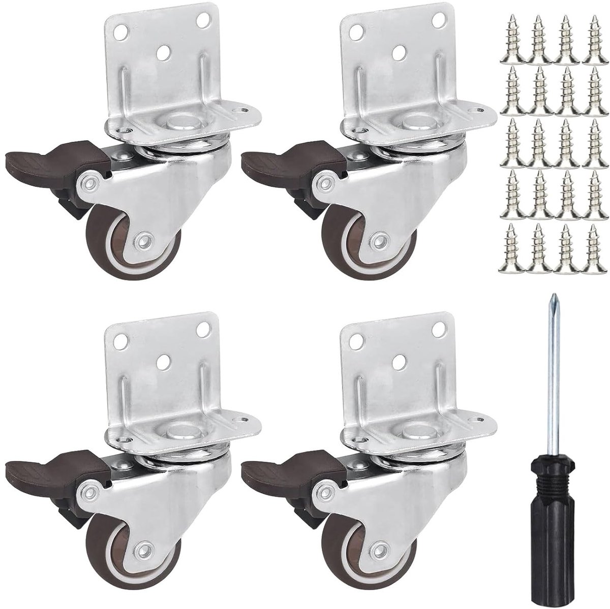 SnelShoppen - 25mm Meubelwielen Set van 4 met Rem, L-Montageplaat Zwenkwielen tot 45 kg, TPE Rubber Wielen Stil voor Salontafel, Plantenstandaard - In