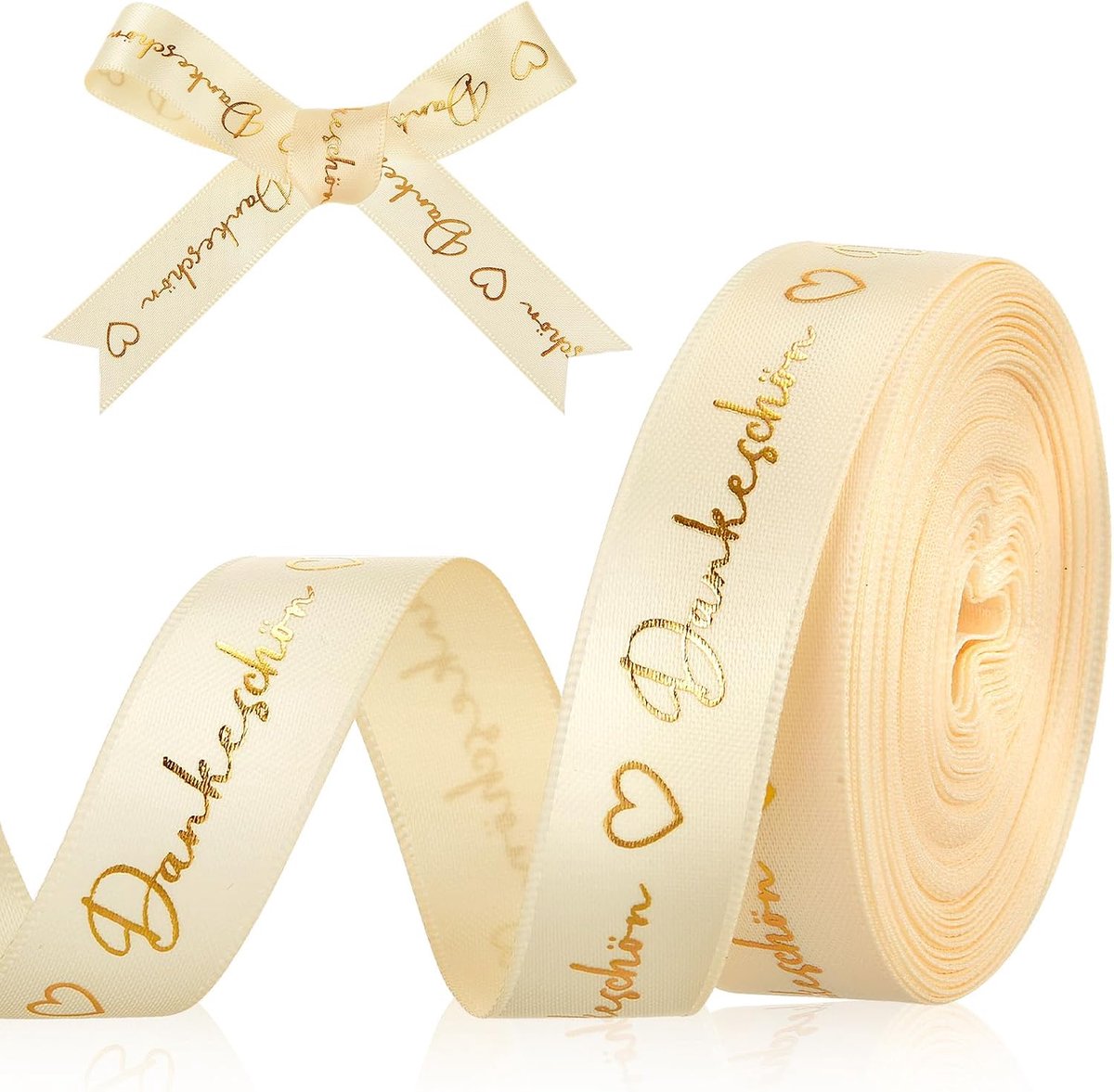 SnelShoppen - Thank You Ribbon 9m x 15mm Champagne Kleur Met Hart Decoratieve Ribbons Voor DIY Craft, Cadeau Verpakking, Bruiloft, Verjaardag, Kerst,