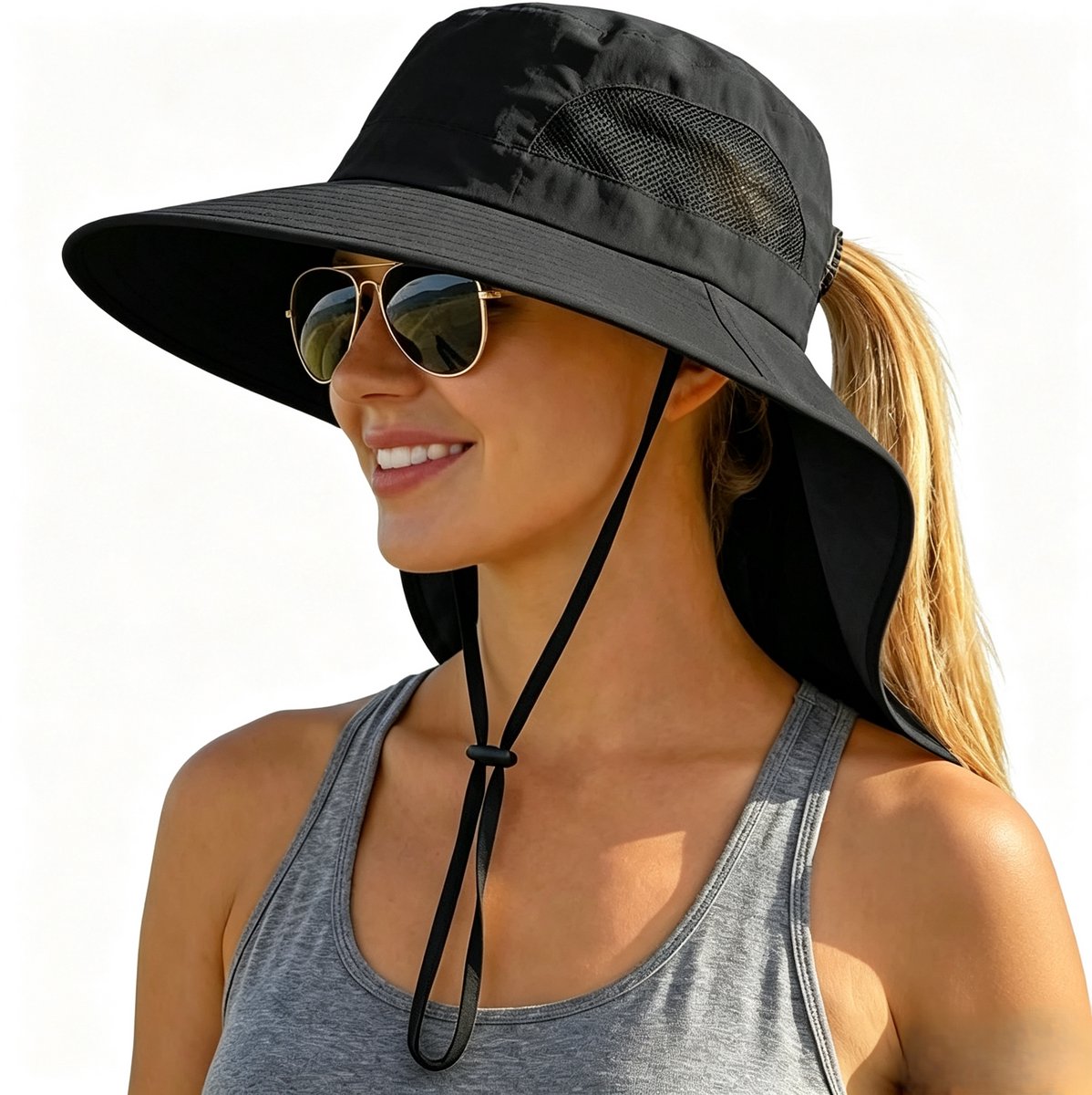 Zonnehoed - Vissershoed - -Dames Zonnehoed met Nekbescherming en Paardenstaartopening – UV Bescherming Brede Rand – Opvouwbare Vissershoed voor Strand, Wandelen, Vissen en Tuinieren