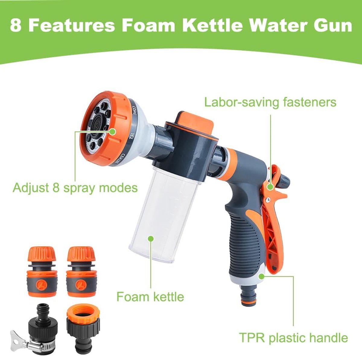 SnelShoppen - Tuinsproeier Handdouche met 100cc Schuim Pot, 8 Spray Modi, Irrigatie Spuitpistool, Ideaal voor Auto Wassen, Huisdieren Douchen en Tuin