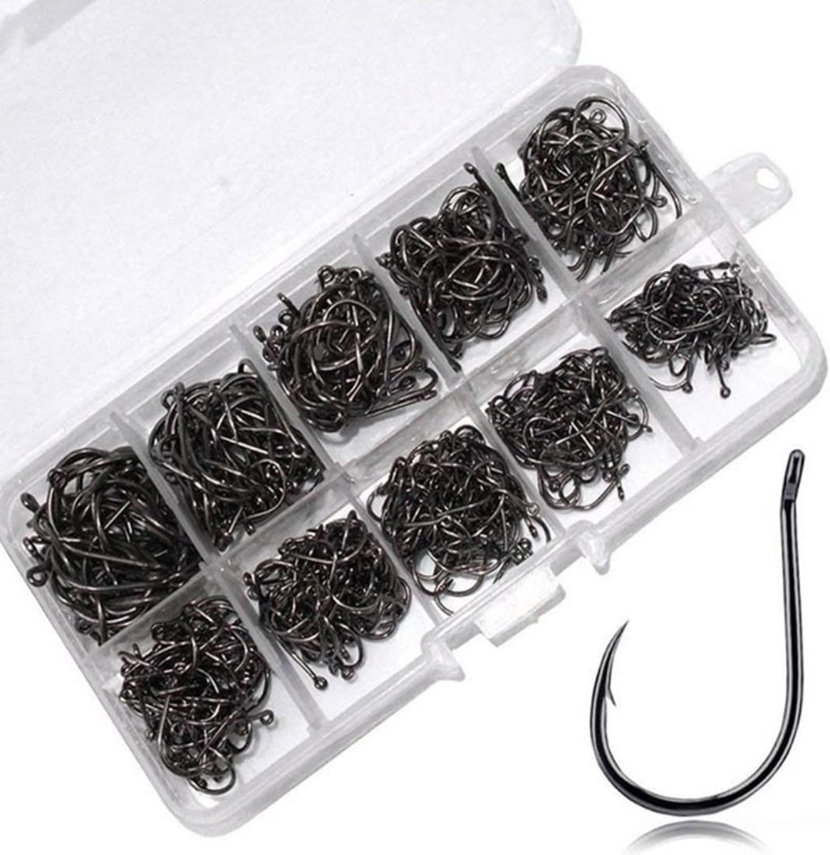 SnelShoppen - 200 Stuks Vis Haken Set 10 Maten 3-12 Carbon Staal Haken met Tanden Zwart in Stevige Plastic Doos voor Verkoop, Vissen, Hengelsport