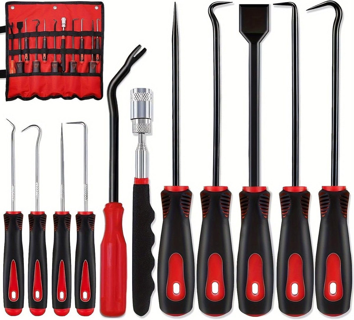 SnelShoppen - 11-delige Mechanische Haak en Pick Tool Set met Auto Clip Verwijderingsstaaf, Rivets, Puller, Telescoop, Magnetische Pickup, Seal, Schra