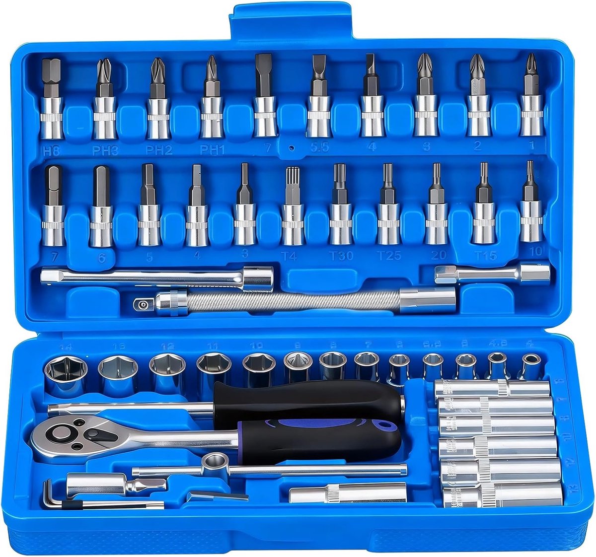 SnelShoppen - 53-delige dopsleutelset CR-V staal met ratel en steeksleutels, 1/4 inch gereedschapsset voor auto, fiets en doe-het-zelf reparaties (roo