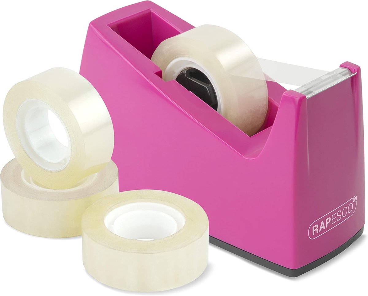 SnelShoppen - Compacte Hechtbandhouder met 4 Rollen Hechtband - Donkerroze - 19mm x 33m - Stabiele en Herbruikbare Tapehouder voor Kantoor, Creatief G