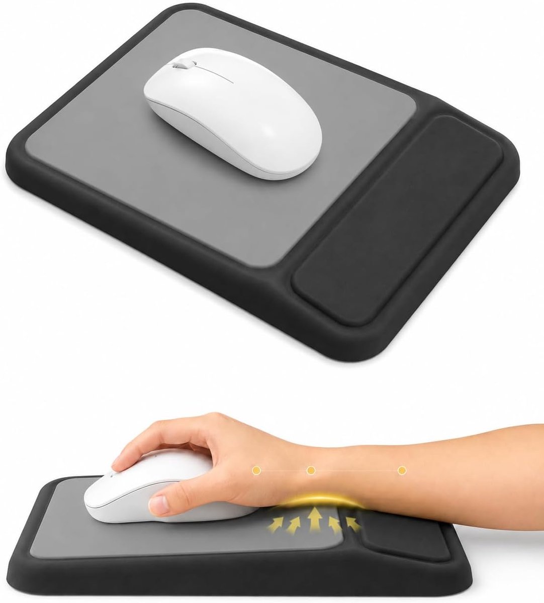 SnelShoppen - Ergonomische muismat met hellende polssteun, traagschuim, antislip basis, progressieve ondersteuning voor kantoor en gaming (zwart)
