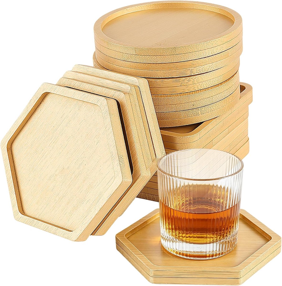 SnelShoppen - Bamboe Onderzetterset 15 Stuks - Ronde, Vierkante & Zeshoekige Mozaïek Knutselset - 10 cm - Doe-Het-Zelf Decoratie voor Tafel en Keuken