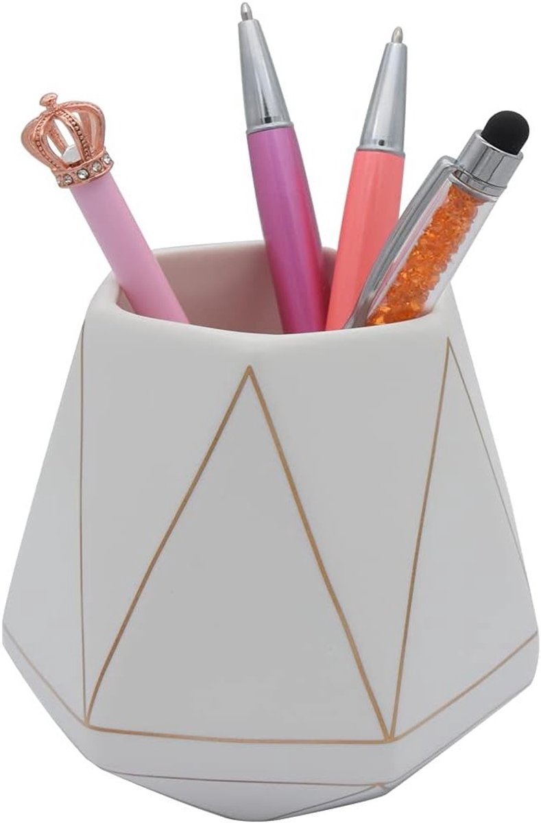 Geometrische keramische polyhedron pennenhouder met gouden strepen, ideaal voor bureau, make-upkwasten en decoratie in huis of op kantoor, matte witte afwerking