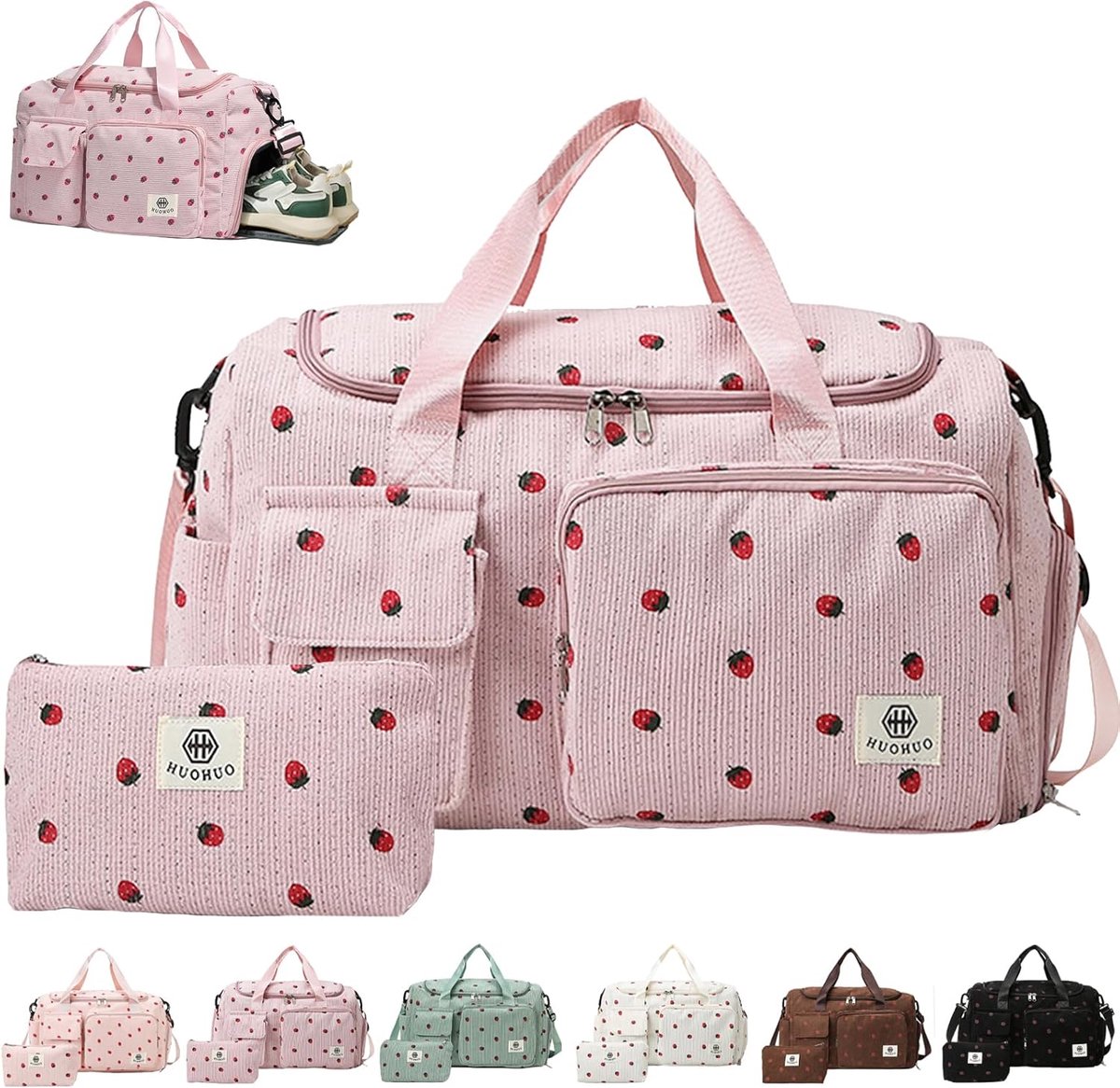SnelShoppen - Vrouwen Sporttas - Aardbei Roze Weekendtas van Ribfluweel met Schoencompartiment, Waterdichte Zak en 7 Opbergvakken voor Sport, Weekendu