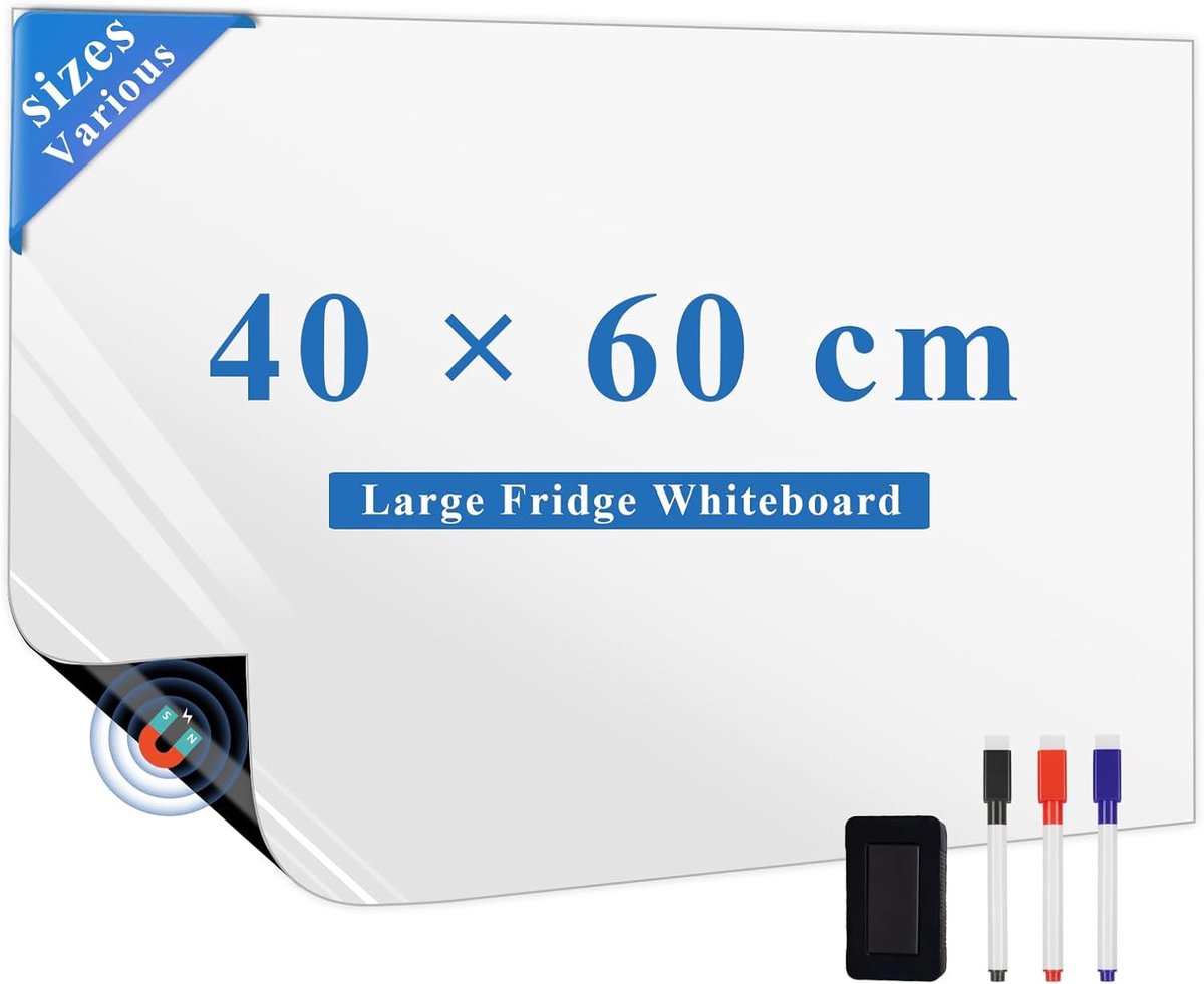 SnelShoppen - Magnetic Whiteboard 40 x 60 cm, Fridge Magnetic Board met 3 Markers, 1 Eraser, Flexibel Drooguitwisbaar Bord voor Notities en Boodschapp