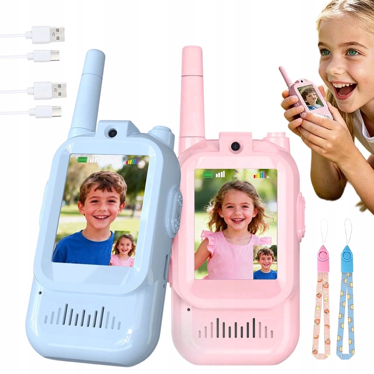 Walkie Talkie voor kinderen - Video Walkie Talkie - 100-150 m bereik - 4 stemmodi - 6 volumeniveaus - 2 stuks - 650 mAh - voor binnen en buiten - blauw/roze
