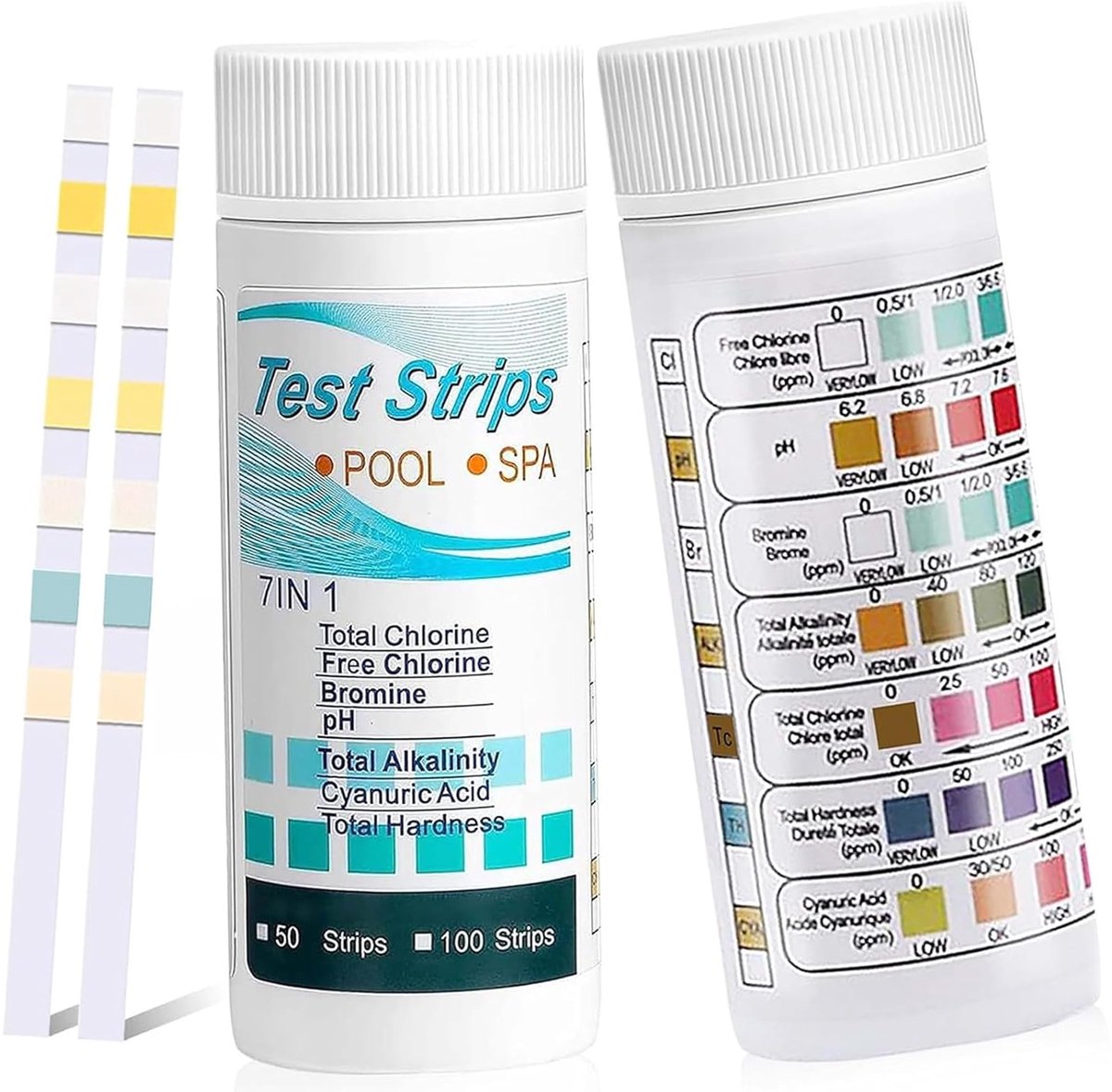 SnelShoppen - 7-in-1 Pool Water Test Strips - 100 Stuks - Snelle Water Tests voor Vrij Chloor, Broom, Alkaliteit en pH Waarde - Voor Zwembad, Spa en T