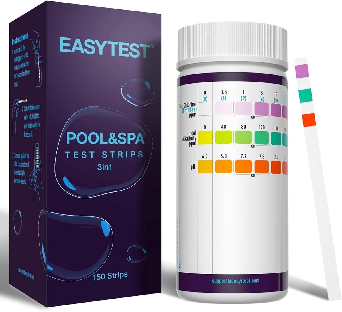 SnelShoppen - EASYTEST Hot Tub Test Strips - 150 Strips Pool en Spa Water Test Kit voor PH, Totale Alkaliniteit, Vrije Chloor en Bromine - Accuraat 3-