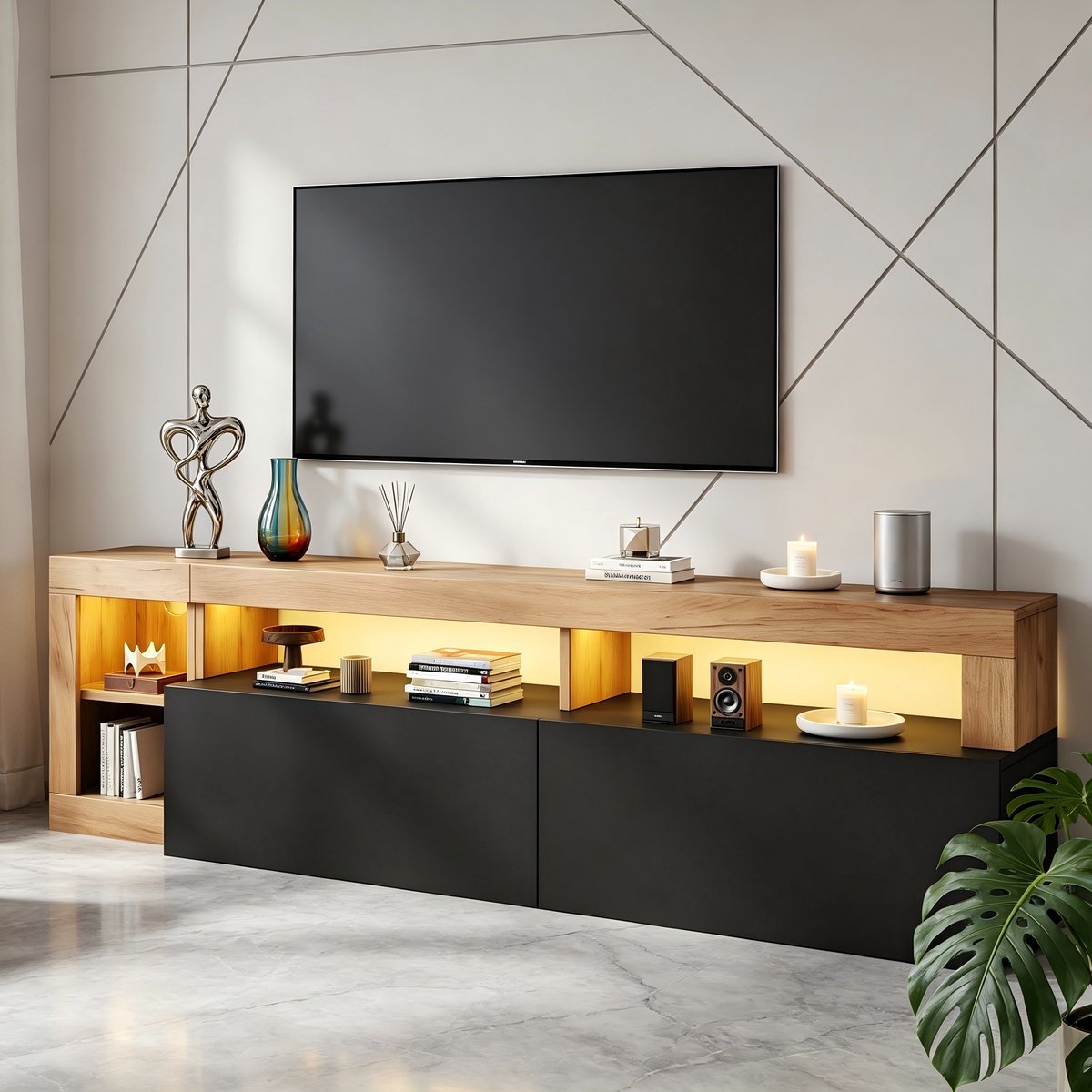 Clruro Tv-meubel - 184 × 42 × 58 cm - met LED - met Kantelbeveiliging - Zwart en Houtkleur