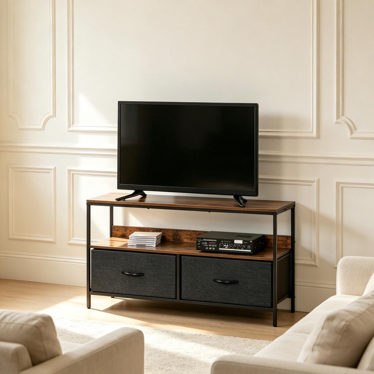 Clruro Tv-meubel - 98 × 29 × 56 cm - met 2 Laden - MDF en Metaal - Rustiek Bruin, Grijs en