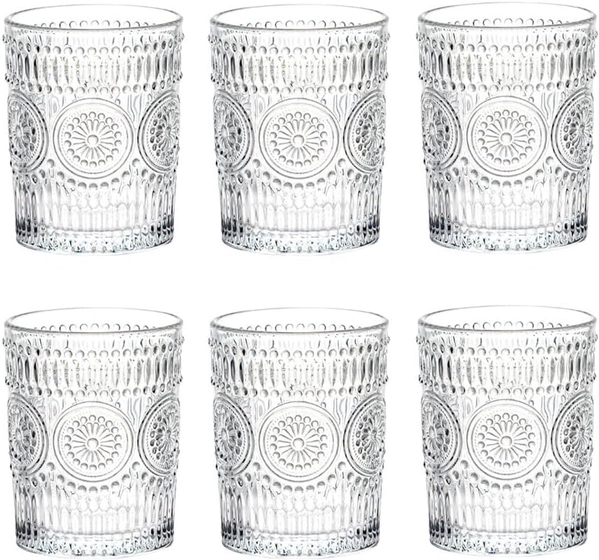SnelShoppen - Set van 6 Romantische Premium Waterglazen 250 ml, Vintage Glaswerk voor Sap, Dranken, Bier, Cocktails - Breukbestendig, Gezond, Embossed
