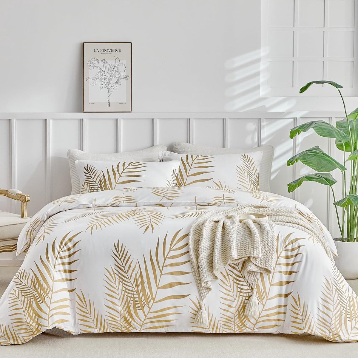 SnelShoppen - Duvet Cover Set 240x220cm met Kussenslopen 50x80cm - Reversible Microfiber Bedding Set met Gouden Takken & Bladeren Motief - Luxe Gold/W