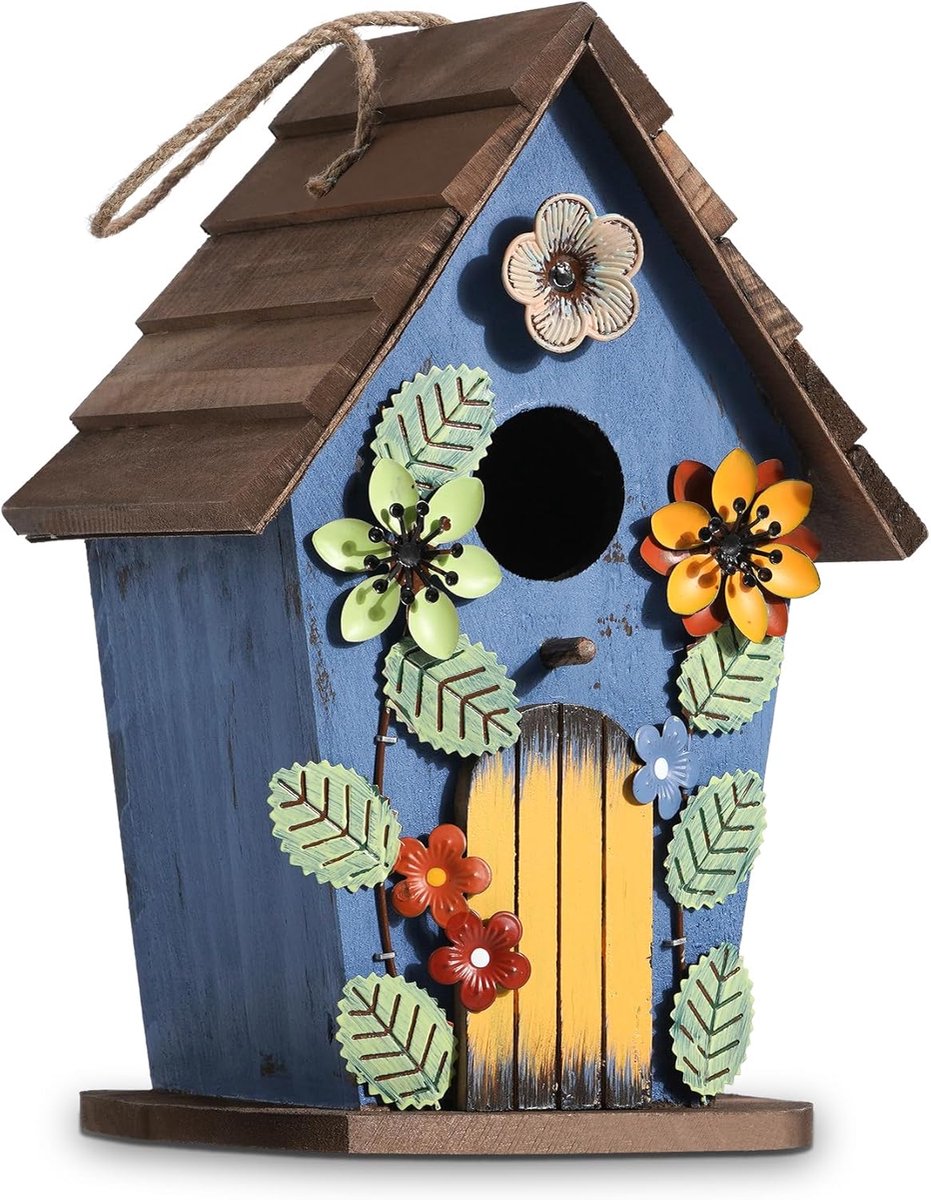 SnelShoppen - Hangend Vogelhuisje Decoratief Houten Nestkast voor Wilde Vogels met 40mm Ontsnappingsgat Tuin Decoratie Vogelvilla Antiek Blauw