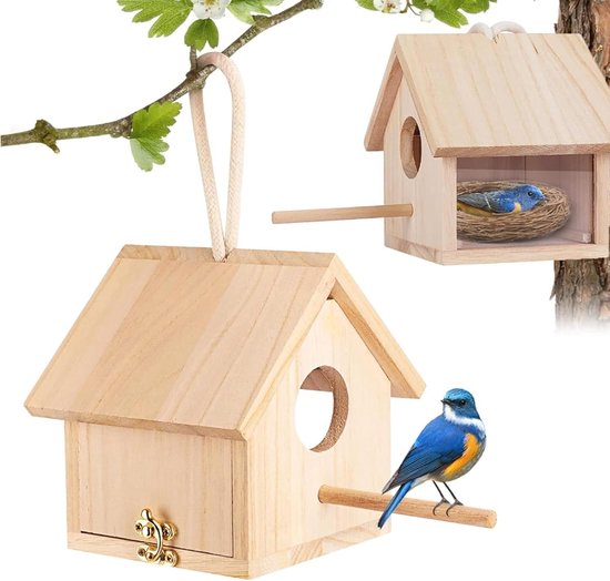 SnelShoppen - Houten Vogelhuis Transparant Buiten Vogelhuis met Stang Voor Tuin, Balkon, Kinderen, DIY Decoratie, Voor Spreeuwen, Kolibries, Vinken