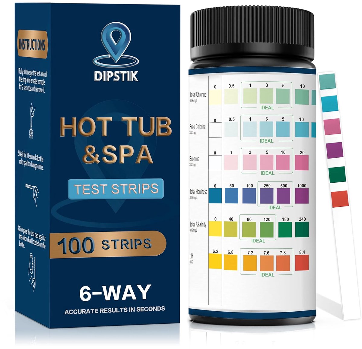 SnelShoppen - 6-Way Pool Water Test Strips - 100 Chemische Teststrips voor Zwembad en Spa - Nauwkeurige Metingen van pH, Vrije Chloor, Bromine, Totaal