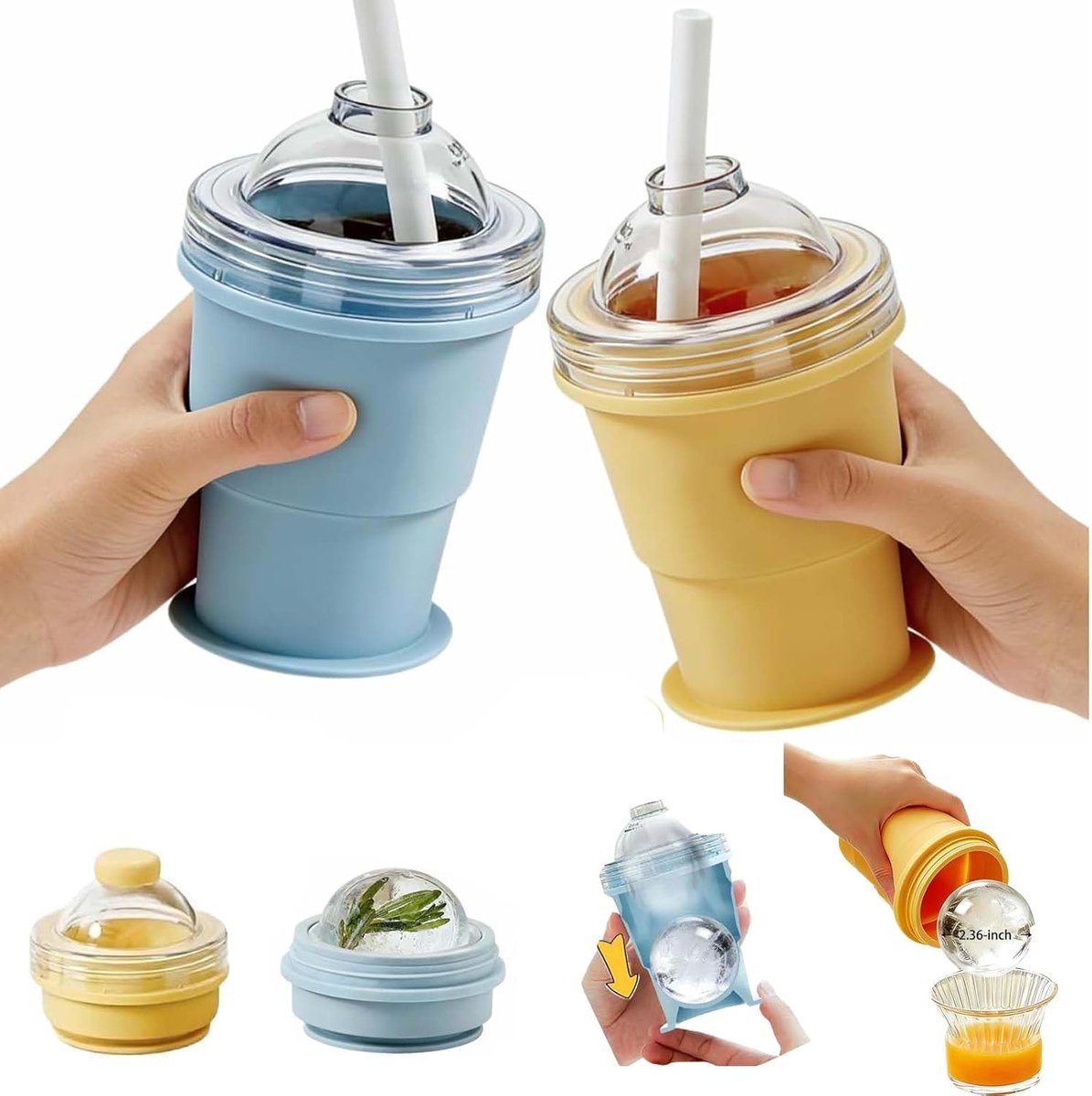 waterfles met rietje - ijsvormpjes - Lekvrije reisbeker - Herbruikbare beker - Sportbeker buitenshuis - 2-in-1 opvouwbare siliconen ijsbalbeker - met rietje en deksel, whisky en cocktails, geschikt voor sportschool, kamperen en thuis - 2stuks