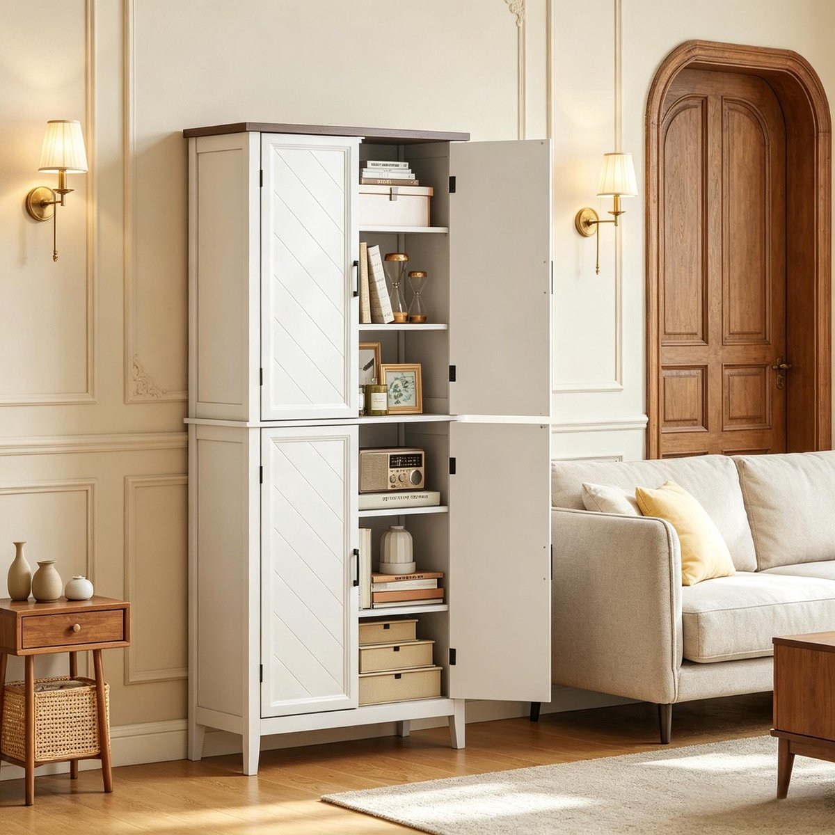 Clruro Keukenkast - 76 × 40 × 178,5 cm - met Glas - met 4 Deuren - MDF - Wit
