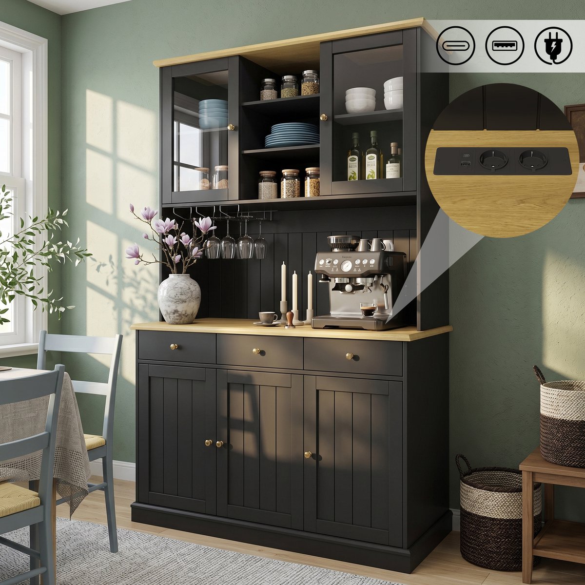 Clruro Hoge Keukenkast - 120 × 40 × 191 cm - met Glas - met Wijnrek - Spaanplaat