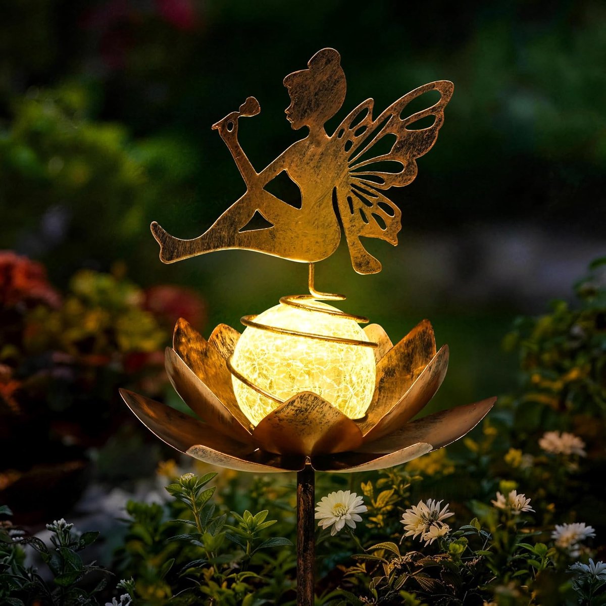 SnelShoppen - Solar Tuinverlichting Lotus Fairy, Waterdichte Wrought Iron Tuinlamp met Crackle Glas Bal, Decoratieve Buitenverlichting voor Tuin, Pad