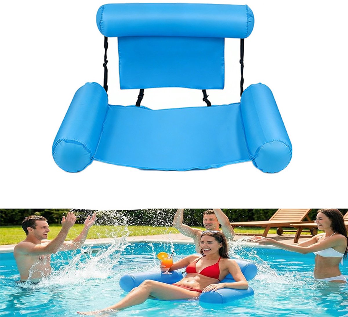 Drijvende strandmat - Zwembadstoel - Opblaasbaar ligbed voor op het water - Opblaasbare drijfstoel - Opblaasbare stoel met hoofdsteun en armsteunen, comfortabel om te ontspannen in het water - PVC - 90x80 cm - Voor Zwembad En Strand - Lichtblauw