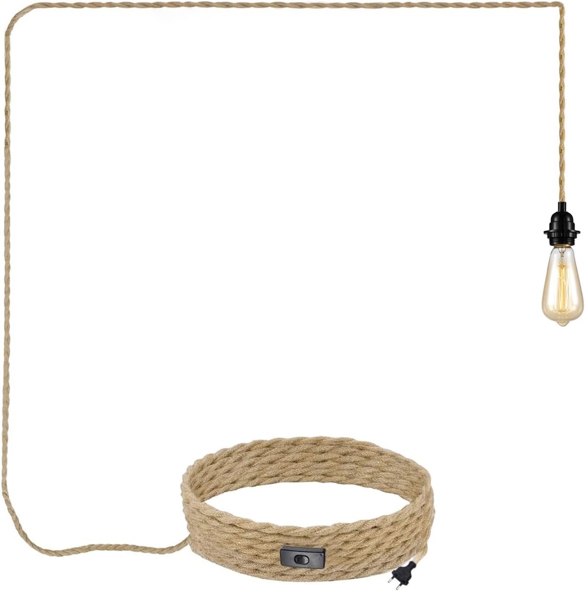 SnelShoppen - Vintage Hanglamp met Jute Touw, 5 Meter Kabel, E27 Fitting, Industriële Pendelverlichting met Schakelaar voor Slaapkamer en Eetkamer