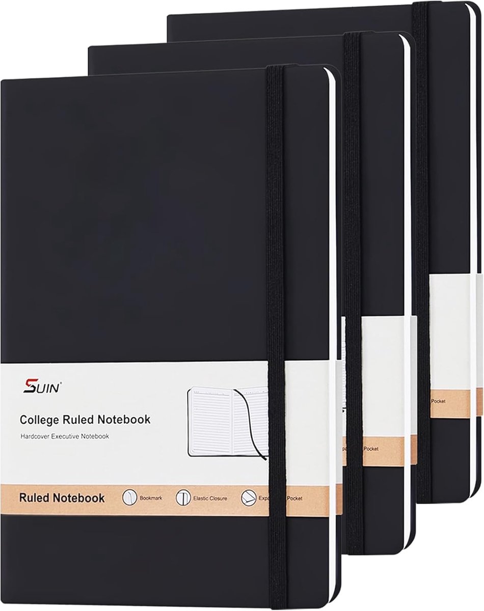 SnelShoppen - A5 Hardcover Notebooks - 200 Pagina's Gelijnd Notitieboek - Zachte Kunstlederen Kaft met Elastische Sluiting, Lint en Zak - Bulk Set voo