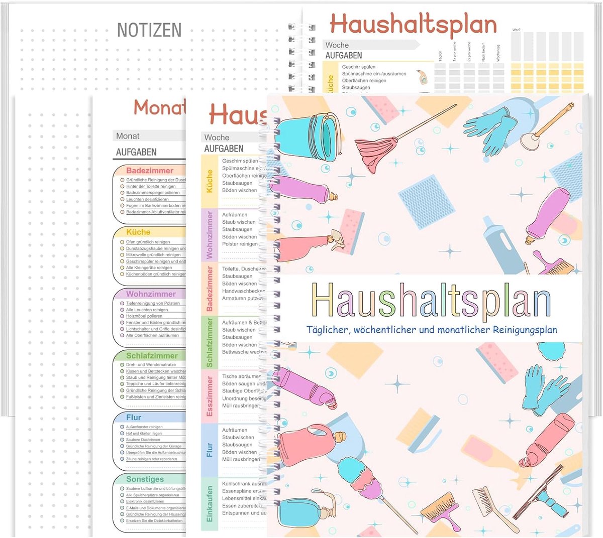 SnelShoppen - Huishoudelijk Schoonmaakschema - 58 Bladen - Kleurrijke Organisatie Planner voor Thuis - Week-, Dag- en Maandplanning - A4 Formaat - Voo