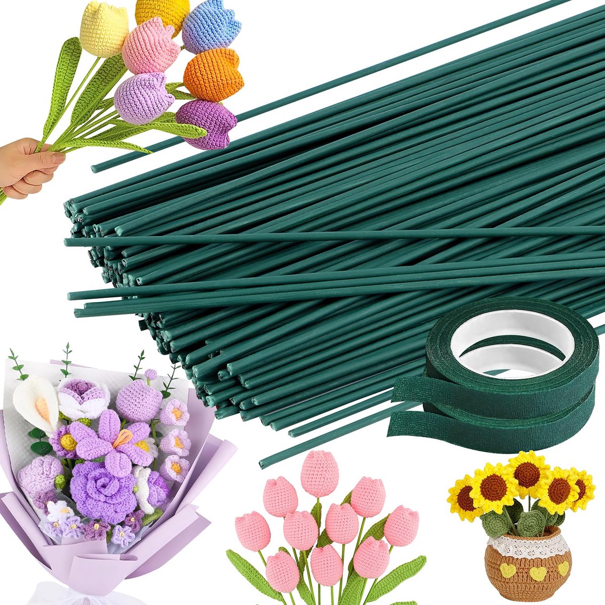 SnelShoppen - Kunstbloem Stelen 150 Stuks 40 cm Metaal Stelen en 2 Rollen Groene Bloem Draad 2 mm voor Bloemenarrangementen, Wreaths en Boeketten