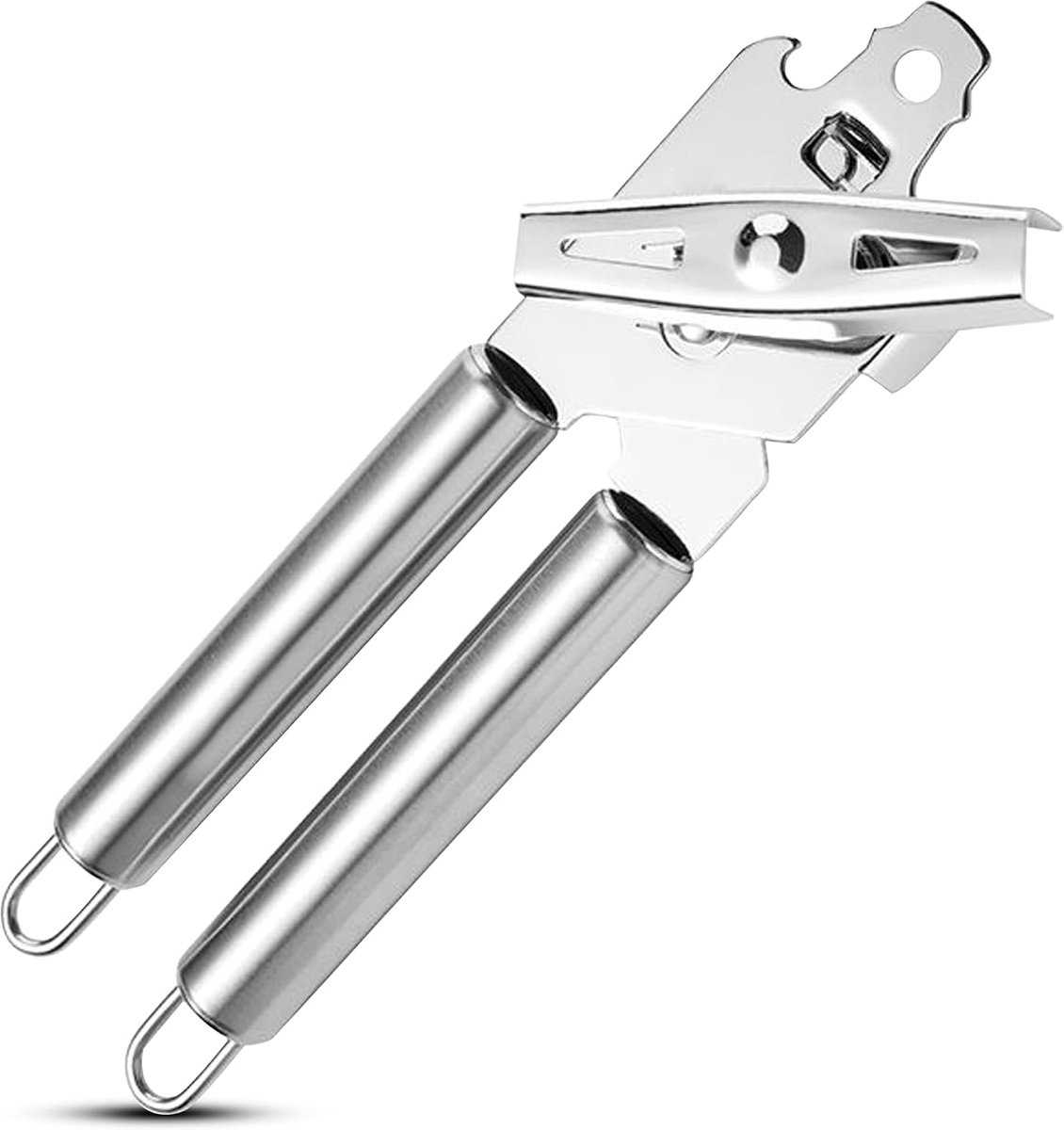 SnelShoppen - Handmatige blikopener RVS, Veiligheidsopener zonder scherpe randen, Ergonomische blikopener met flesopener, Grote draaiknop, Zilver, Keu