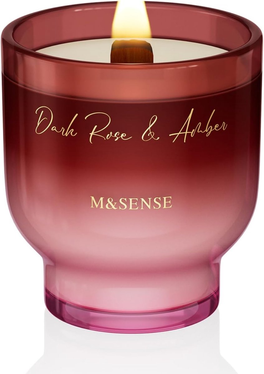 SnelShoppen - Geurkaars met Houten Wick - Donkere Rozen & Amber - 55 Uur Brandduur - Luxe Soy Wax Kaars in Glas - Non-Toxisch Aromatherapie Geschenken