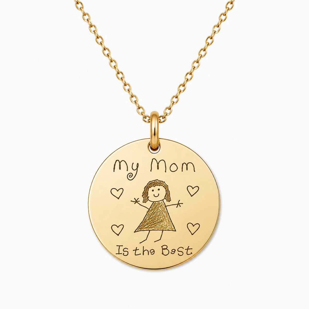 Engravia by Derya – Gepersonaliseerde Hanger met Kindertekening, Handschrift of Eigen Tekening – Goud Kleur RVS Graveerbare Ketting Hanger 20 mm – Uniek Cadeau voor Mama, Papa, Opa & Oma