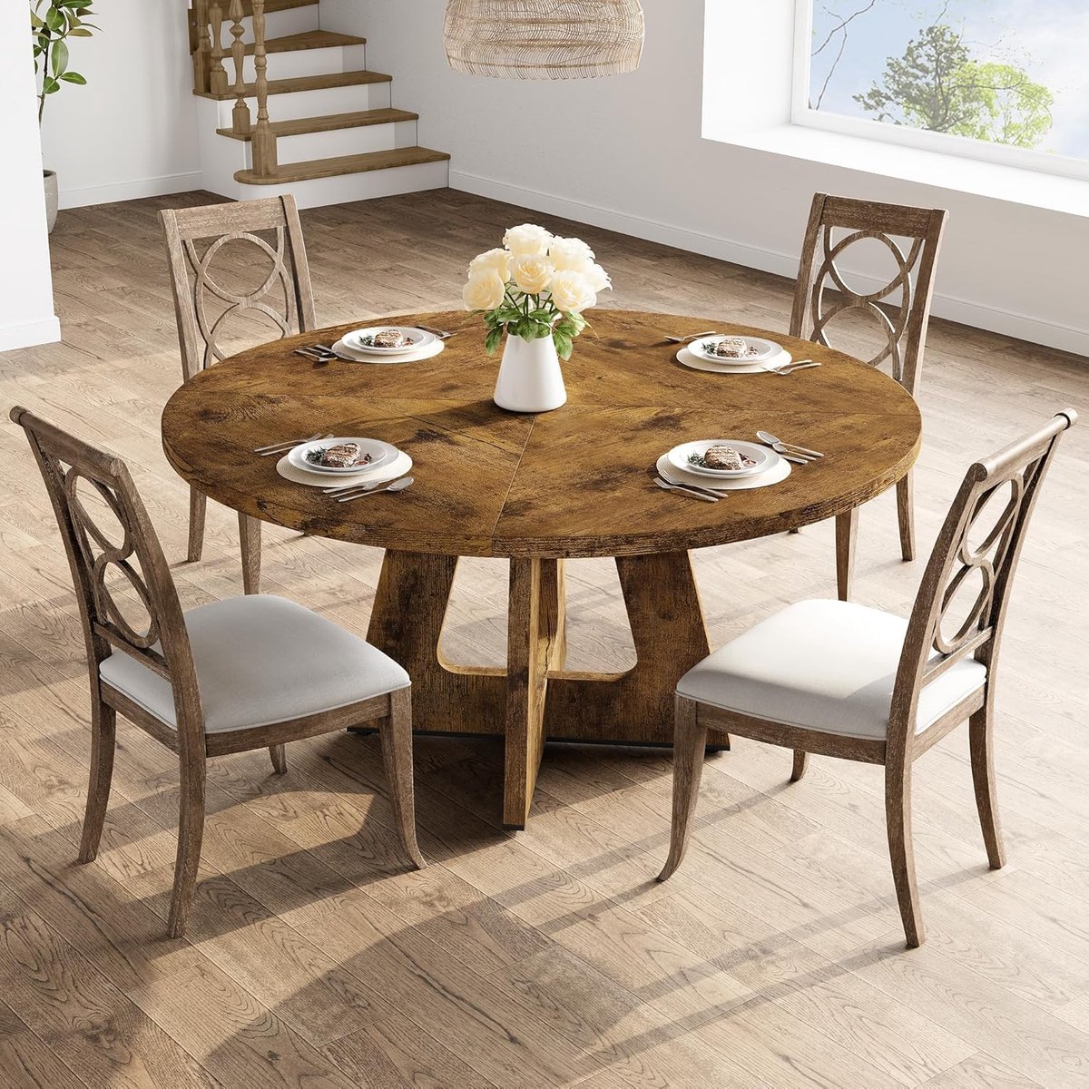 Ronde Eettafel Ø 120 cm - Houten Keukentafel voor 4 tot 6 Personen - Robuuste Landelijke Eettafel (Farmhouse) - Stevige Houten Poten - Exclusief Stoelen