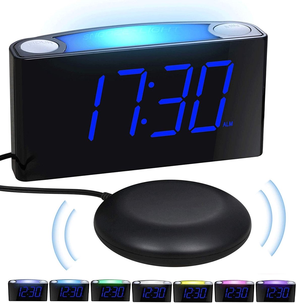 SnelShoppen - Vibration Alarm Clock - Digitale Wekkerradio met 7-kleurige Nachtlamp, Grote LED Display, 0-100% Helderheidsregeling, 2 USB Oplaadpoorte