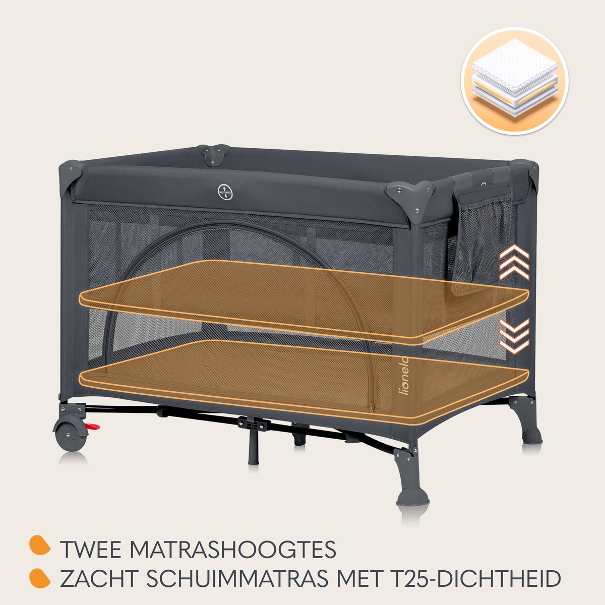 Lionelo Laura Campingbedje 2in1 – Reisbedje & Babybedje – 0-36 Maanden – 2 Matrasniveaus – Compact & Lichtgewicht – Schuimmatras – 2 Wielen met Rem – Mesh Zijpanelen – Zij-ingang – Opbergvak – Inclusief Draagtas – foto 4