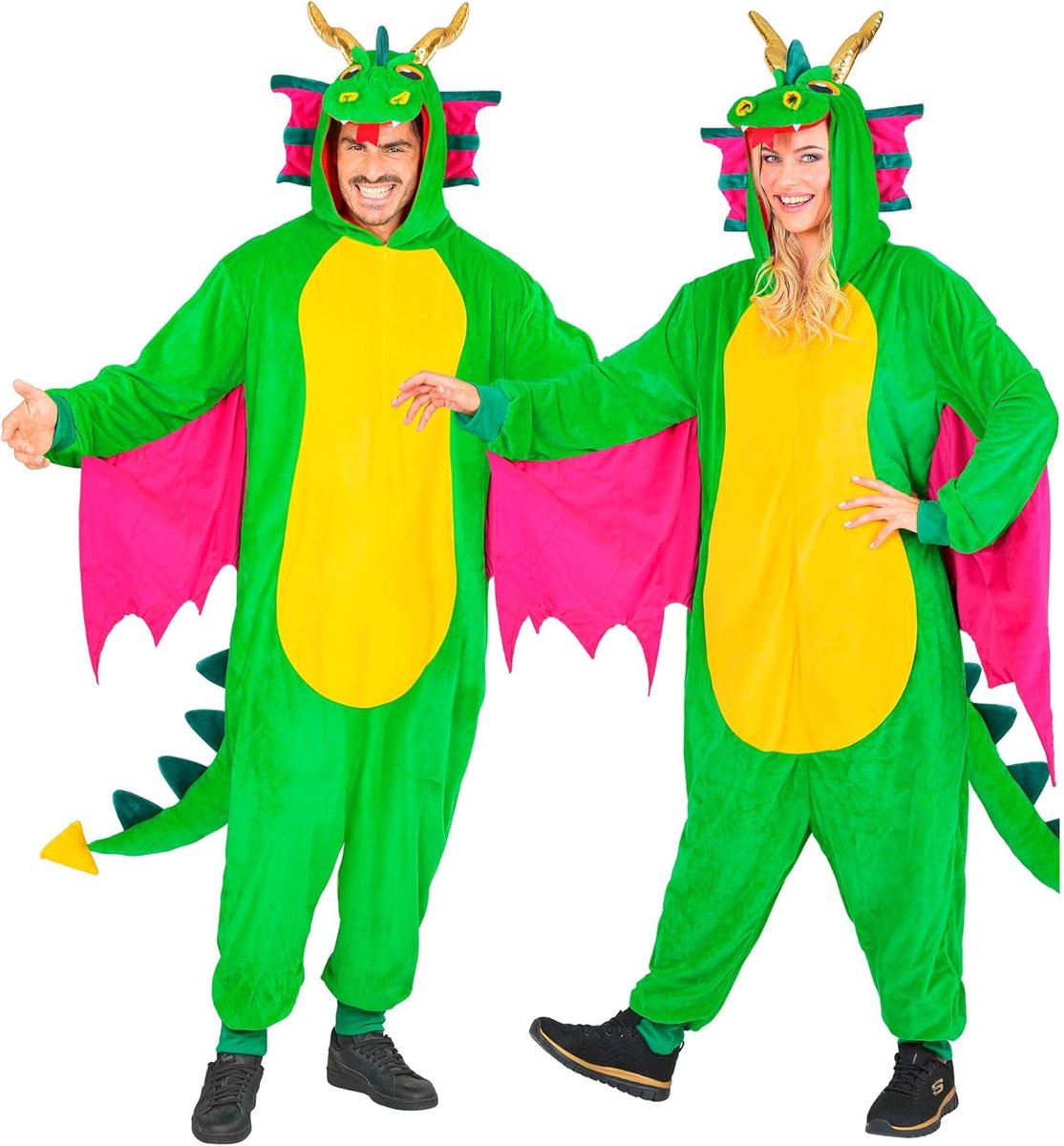 SnelShoppen - Dragon Jumpsuit Volwassenen - Groene Pluche Overall met Capuchon - Dierkostuum voor Carnaval, Themafeesten en Thuis - Uniseks XXL