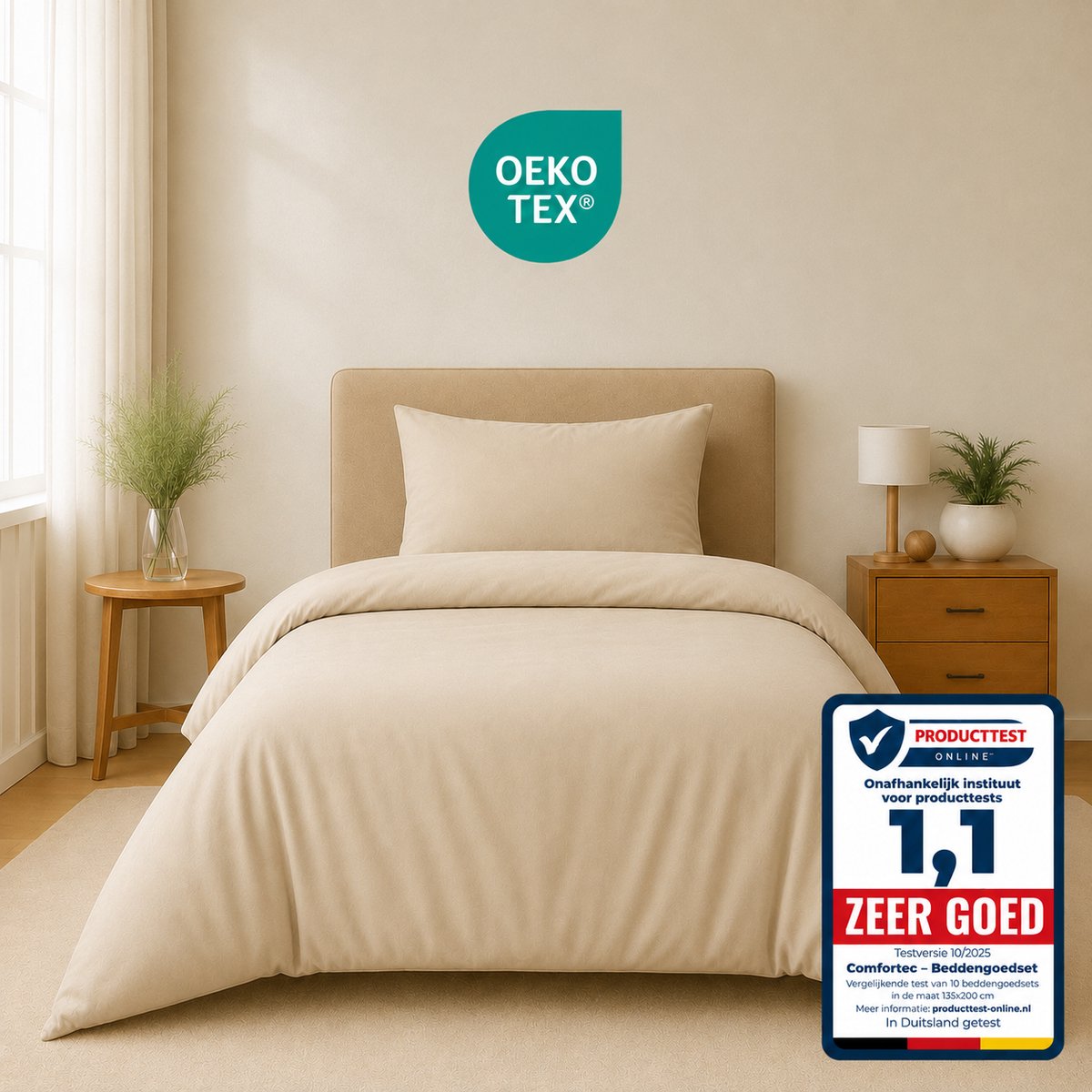 Komfortec Premium Dekbedovertrek 135x200 cm + Kussensloop 40x80 cm - 100% Microvezel - 90 g/m² - 2-Delige Superzachte Beddengoedset - met Rits - Beige