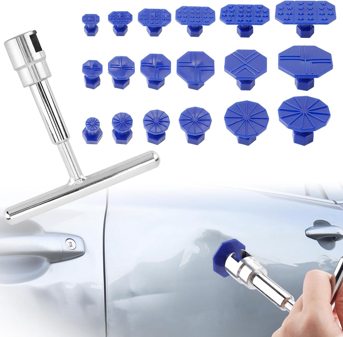 SnelShoppen - Dent Repair Kit - Auto Deukverwijderingsset - T-vormige Deukpuller en 18 Zuignappen - Universele, Verwijderbare, Dentschade Herstelset -