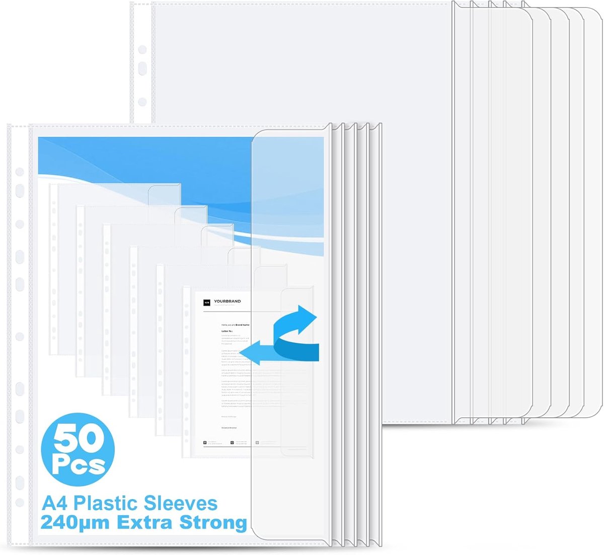 SnelShoppen - A4 Document Covers met Flap - 50 Stuks - 240µ Transparante Documentenhoezen - Extra Sterke Films met 11 Gaten - Ideaal voor Brochures, F