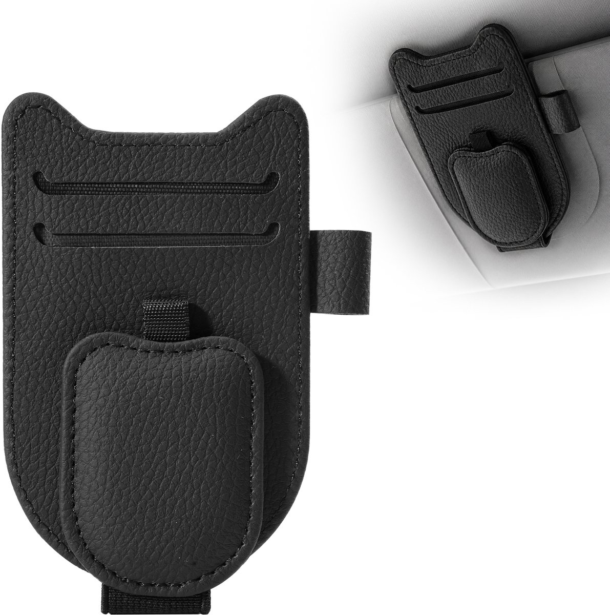 YONO Zonnebrilhouder Auto - Brillenhouder voor Zonneklep - Organizer met Pasjeshouder en Penhouder - PU Leer - Zwart