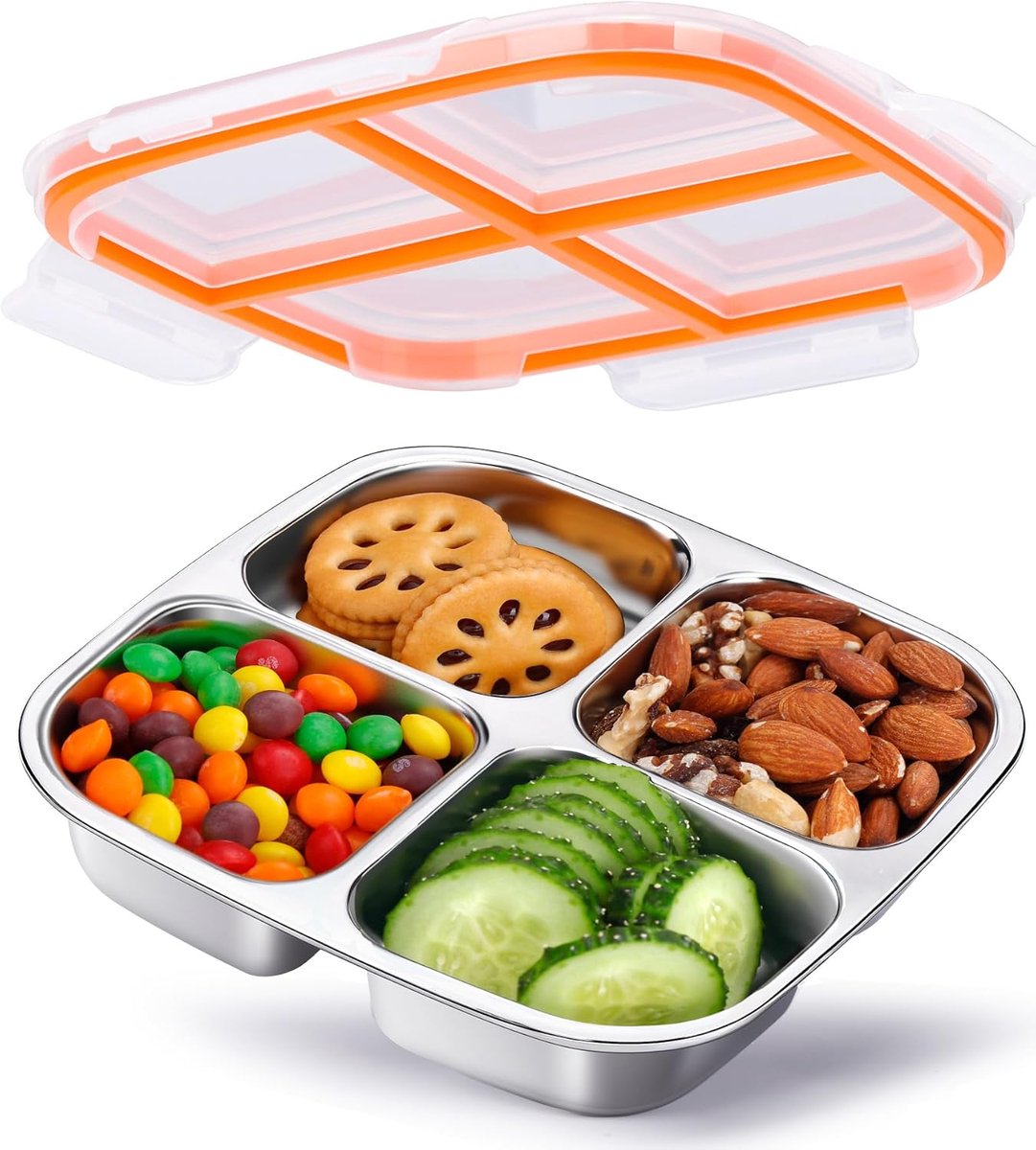 VHV - Lunchbox - RVS bento box met 4 vakken - 600ML - Snackdoos voor kinderen en volwassenen - Voor school, kinderopvang, werk, meal prep en reizen - 1pcs - Versie met wit deksel