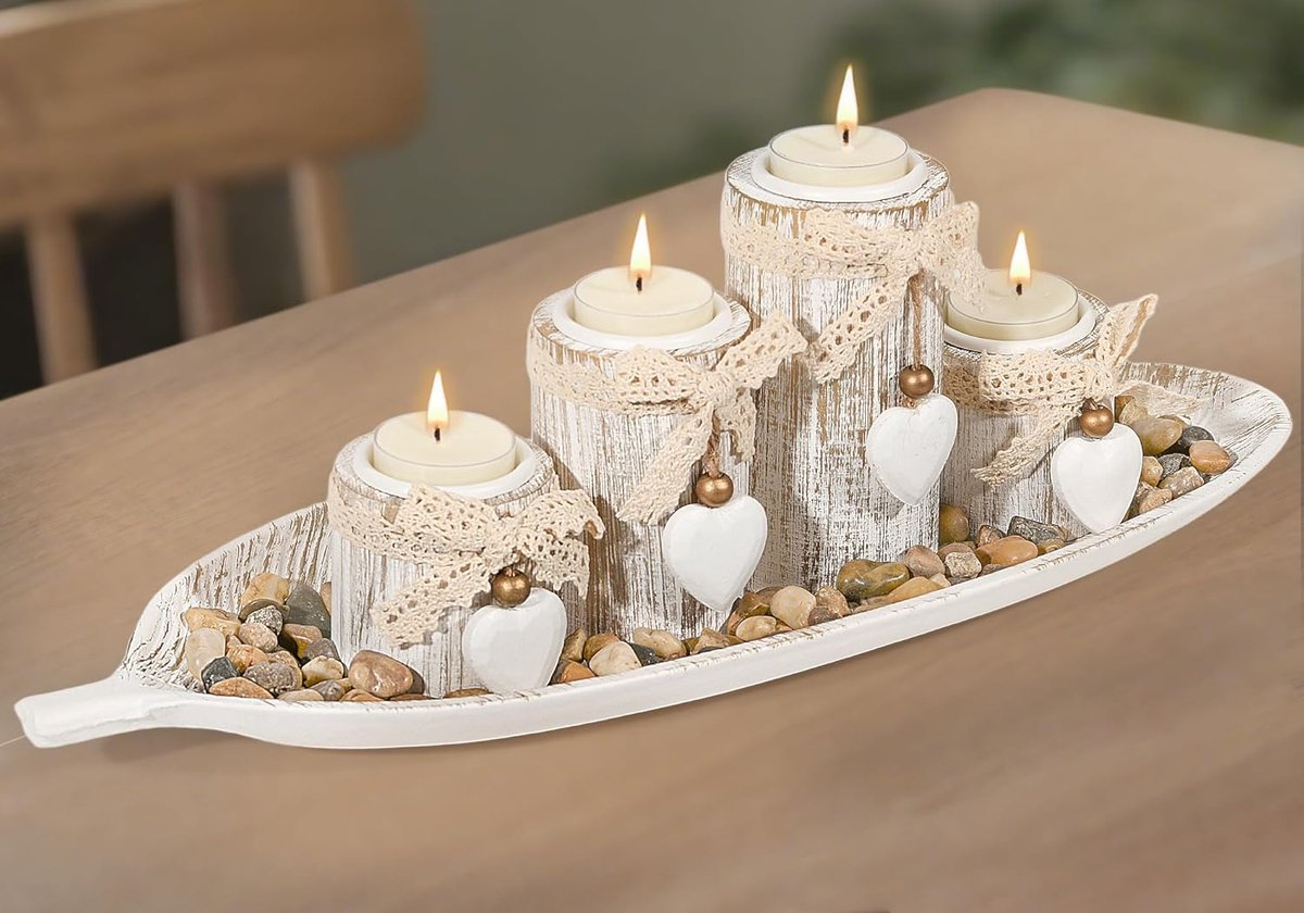 SnelShoppen - 4-delige Houten Kaarsenhouder Set met Tray - Theelichten Kandelaars voor Eettafel, Woonkamer, Badkamer - Rustiek Hout, Bladvormig, Inclu