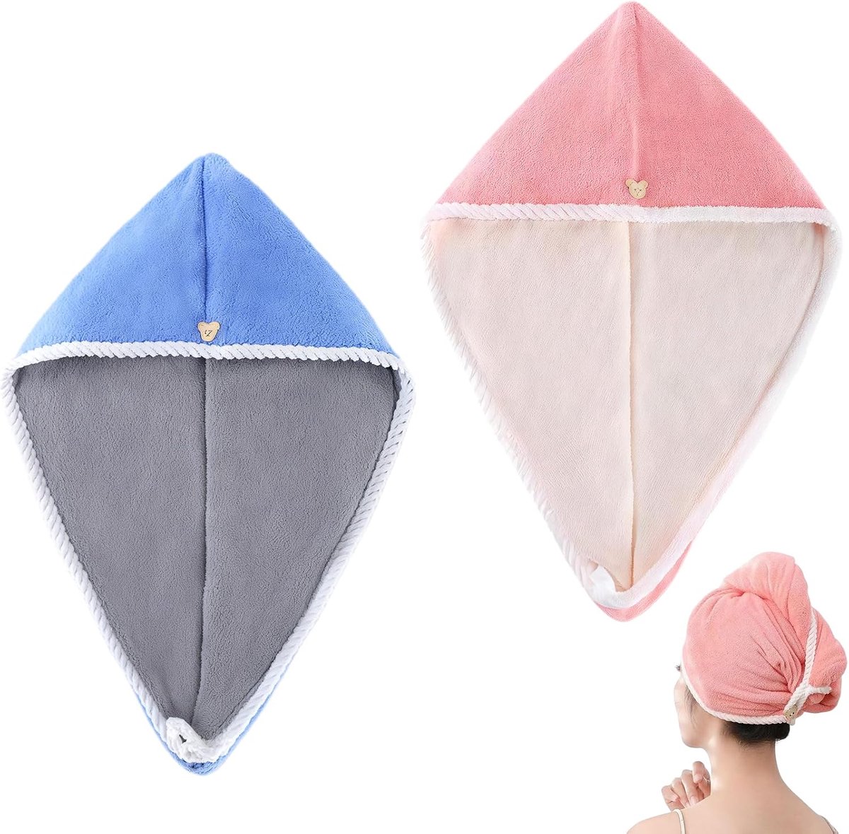 SnelShoppen - Hair Turban Microfibre Set van 2 - Super Absorberend en Sneldrogend Hoofddoek voor Vrouwen - Coral Fleece Haar Towel met Knoop - Roze en